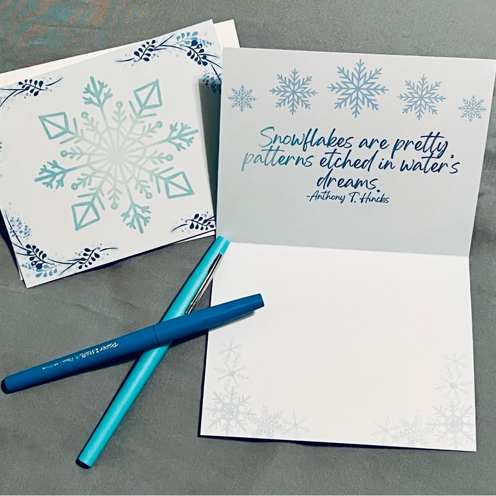 Handmade snowflake winter notecards w/envelopes, set of 12